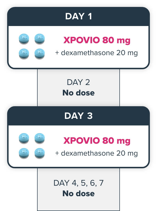Graphic shows twice weekly dosing for XPOVIO (selinexor) + dexamethasone in relapsed/refractory multiple myeloma.